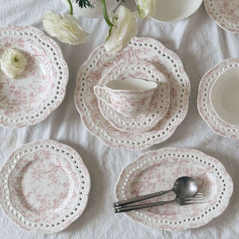 French Victorian Pink Vine Ceramic Plate, Hollow Plate, Soup Plate, Ceramic Bowl, Coffee Cup and Saucer, Dessert Plate, Dinner Plate