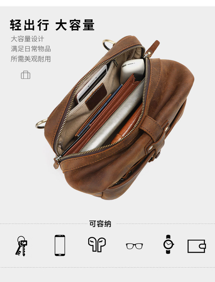 Túi đeo chéo nam da bò thật lớp đầu kiểu cổ điển, đeo ngực đựng máy ảnh, đựng iPad 10 inch — Màu cà phê, Màu nâu chi tiết 12