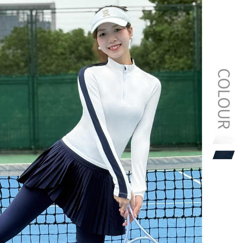 New Sports Seamless Half-Zip Yoga Wear Color-Blocked Long-Sleeved Fashionable Tight-Fitting Waist Running Fitness Tops for Women