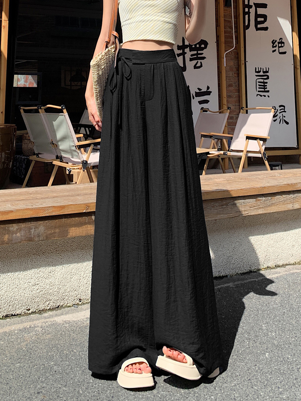 藏青色天丝亚麻裤子女款夏薄款2025新款棉麻阔腿裤系带抗皱山本裤|undefined