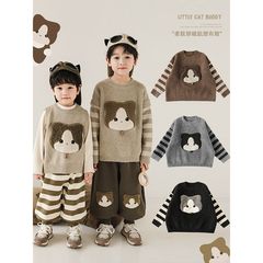 吾里卜一兒童小貓貼布繡標條紋圓領假兩件毛衣冬季男童保暖針織衫
