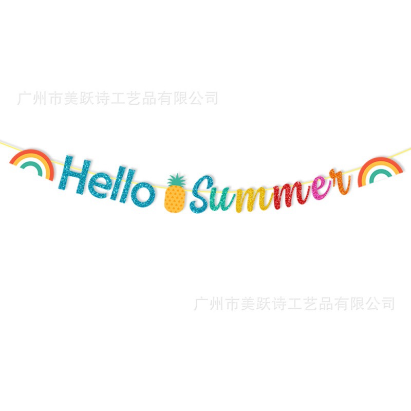 Decoración de fiesta de verano europea y americana, bandera de tirón, arco iris hawaiano hello summer, bandera de tirón de flores
