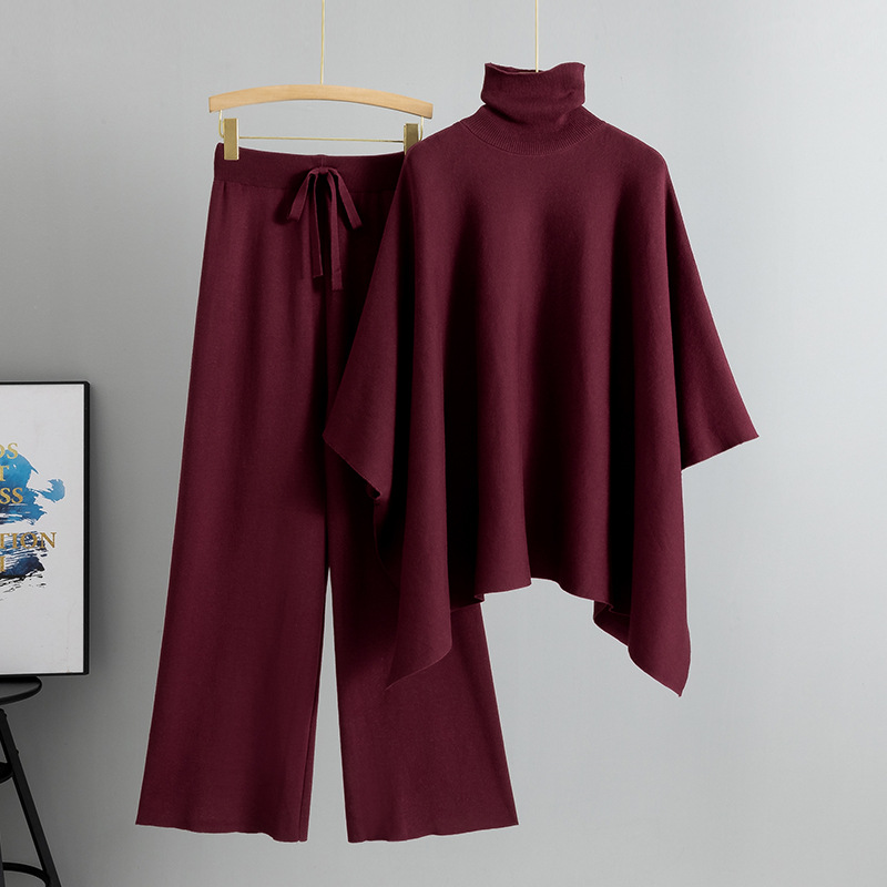 Women's Clothing autumn and winter new two piece suit for women with high collar cape, knitted sweater, wide leg pants, temperament suit_voghion.com