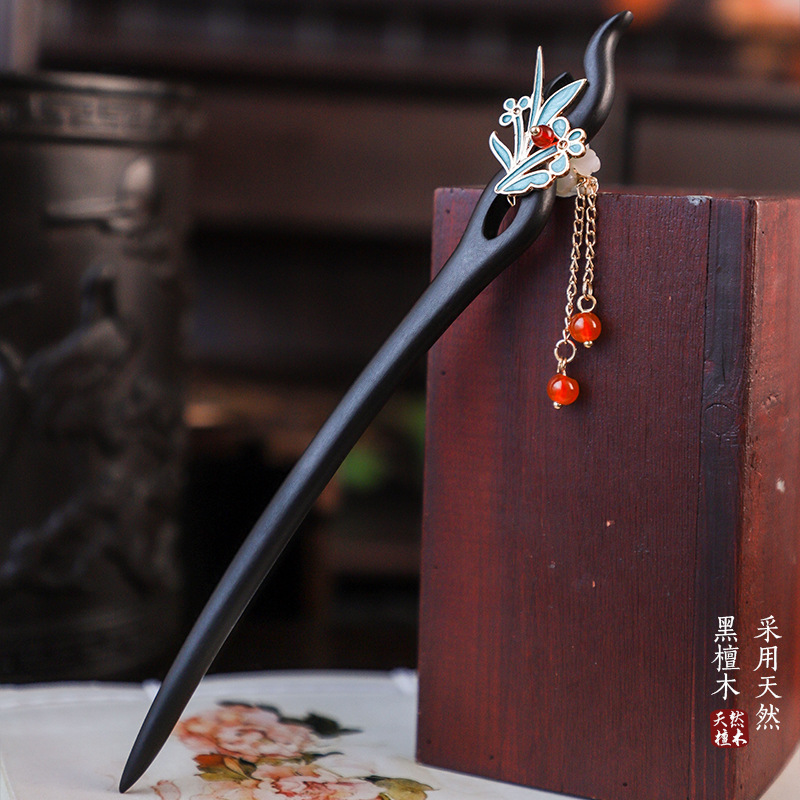 古风挽发黑檀木发簪流苏步摇女仿黑檀木头饰盘发汉服配饰古装发钗