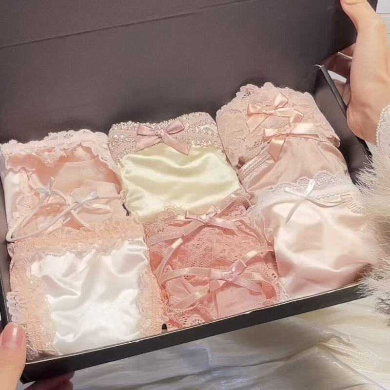 New Sexy Lace Temptation Satin Hollow Girl Thong Hip-Covering Pure Desire Women's Low-Waist Briefs