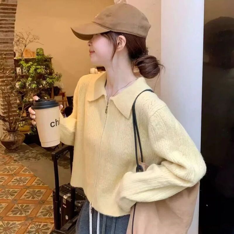 Yellow Lapel Long-Sleeved Knitwear Jacket for Women, Early Autumn New Style, Double Zipper Design, Small-Sized Sweater Cardigan for Women