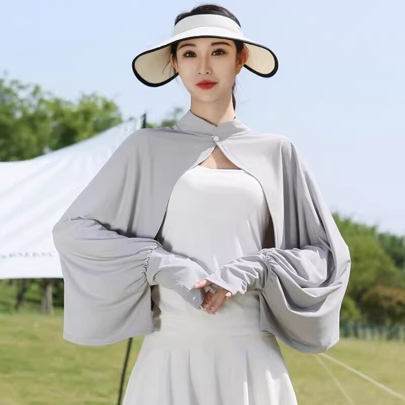 Women's Summer Sun Protection Cape for Cycling and Driving, Breathable Loose Long-Sleeve Ice Silk Thin Sleeve Cover-Up Shawl