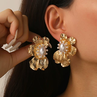 欧美冷淡风简约花朵耳环女复古树叶设计earrings跨境饰品珍珠耳钉
