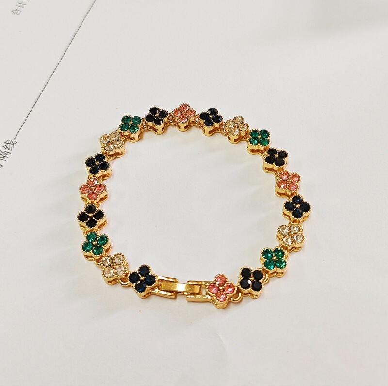 手链四叶草手环亚马逊跨境爆款彩色满钻欧美时尚设计奢华手链|undefined