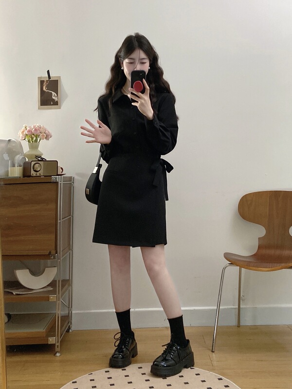 大码女装polo领设计感显瘦假两件绑带长袖连衣裙|undefined