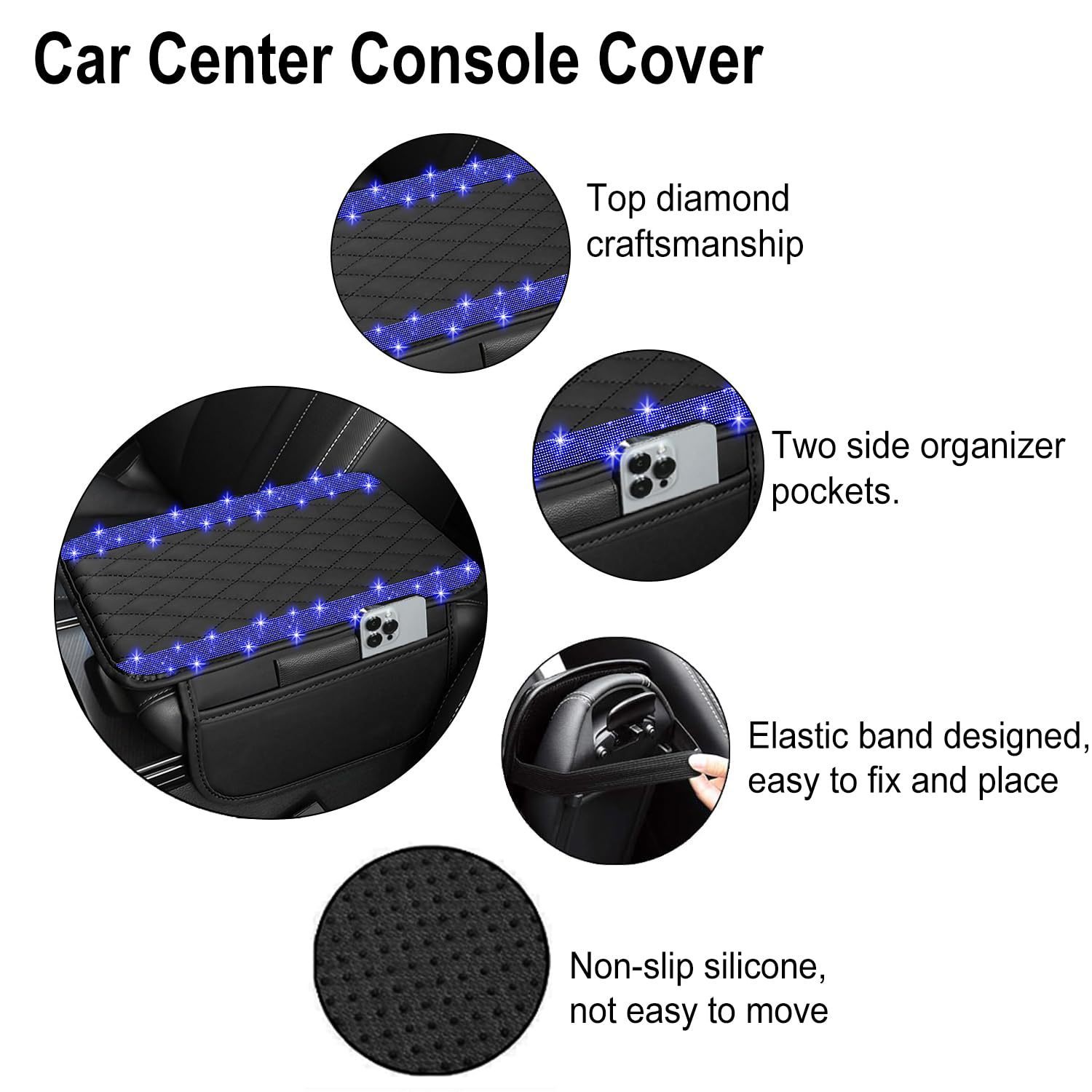 Car Shiny Crystal Armrest Box Mat Center Console Cover Leather Cover Pad Storage Bag Universal Protective Pad Arm Storage