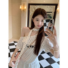 韩系波点小狗白色斜肩短袖T恤女夏季设计感小众露肩短款小狗上衣