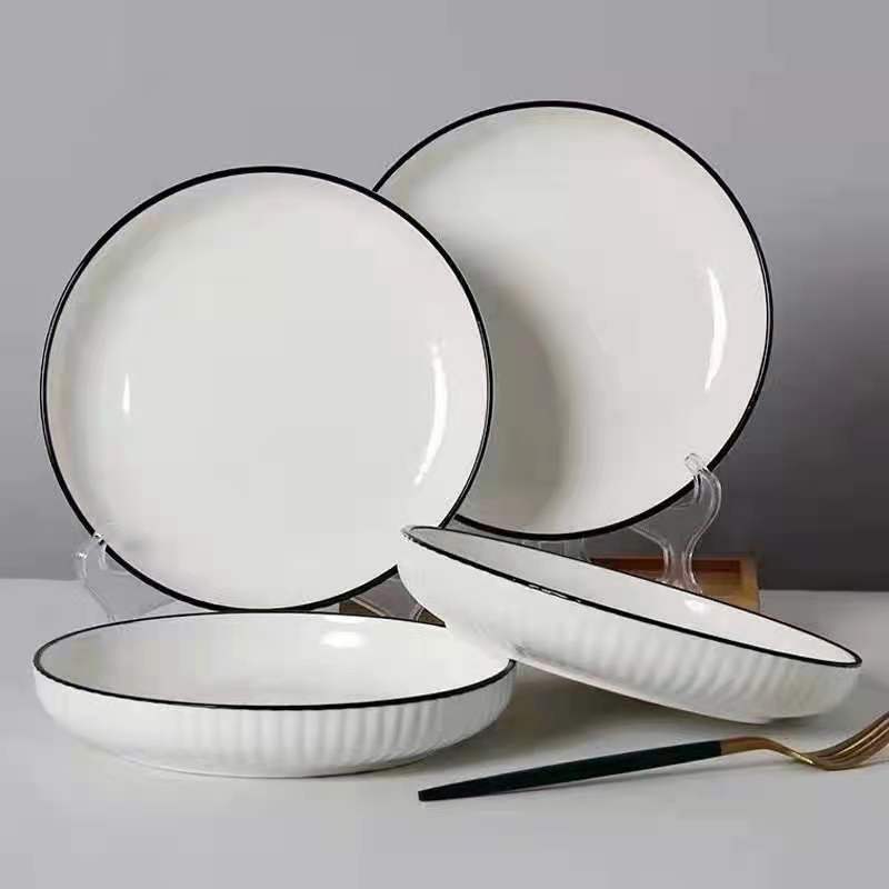 Yamada-Yaki Series Black Line Vertical Stripe Nordic Style Household Ceramic Plate Deep Plate Thickened Stir-Fry Plate Underglaze Color Microwaveable Yamada-Yaki Series Black Line Vertical Stripe Nordic Style Household Ceramic Plate Deep Plate Thickened Stir-Fry Plate Underglaze Color Microwaveable