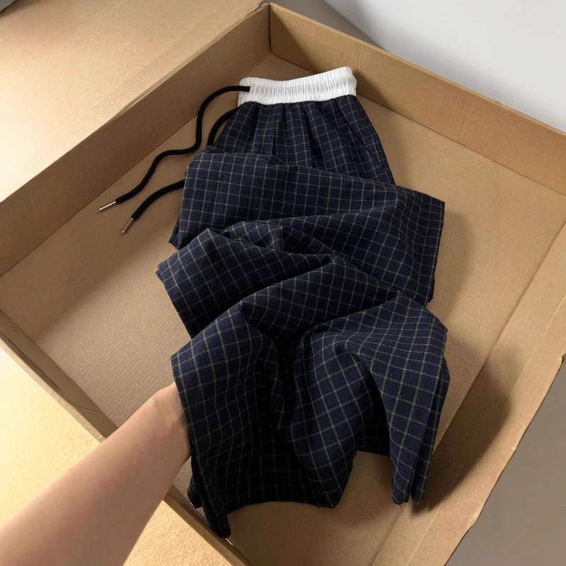 Vintage Contrast Color Plaid Elasticated Casual Pants Women's Spring and Autumn New High Waist Straight Slim Wide Leg Pants Walking Pants