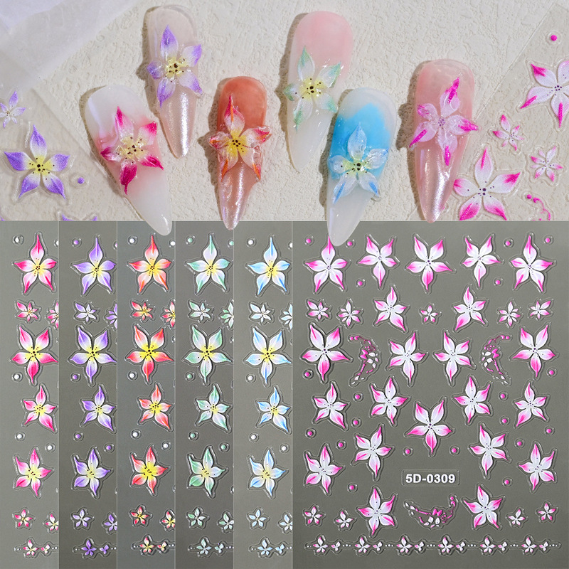 Cross-Border 5D Embossed Lily Flower Stereo Nail Art Stickers Gradient Color Sweet and Fresh Thin Tough Lily Flower Nail Stickers