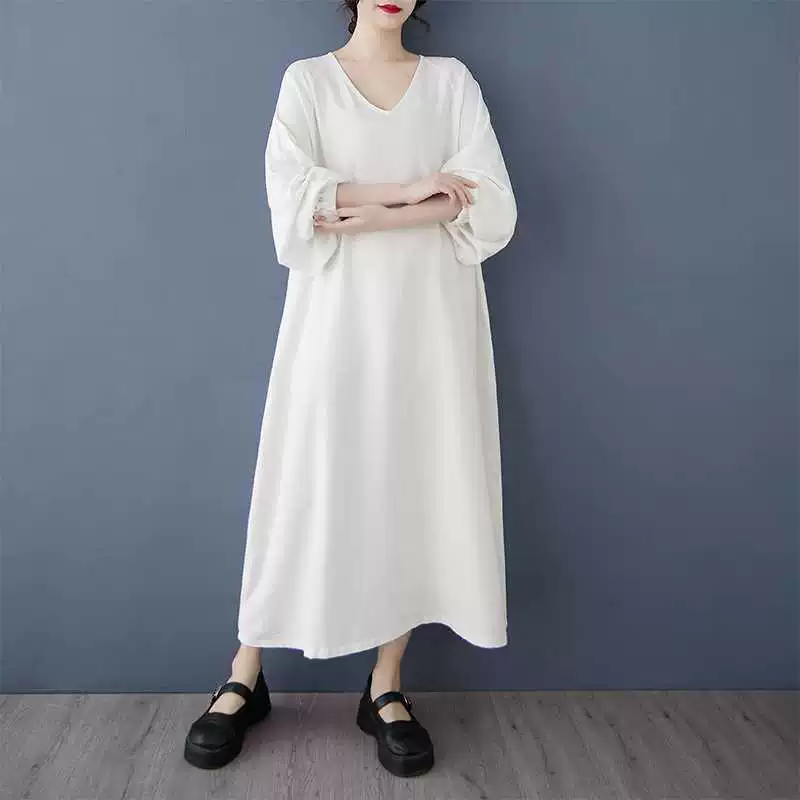 Осеннее платье с длинным рукавом, корейский стиль, V-образный вырез, oversize
