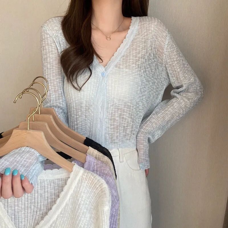 Chanel Style Knitted Cardigan Thin Women's Summer V-Neck Ice Silk Loose Outer Sunscreen Coat Short Top Long Sleeve