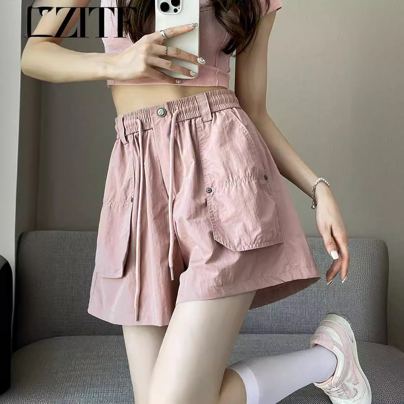 Pink Tooling Casual Shorts Women's Summer Thin 2024 New Wide Leg Slim A- Pocket Sports Pants