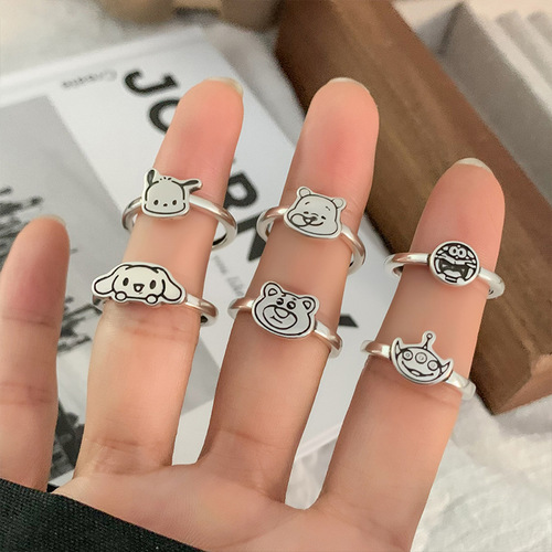 Cartoon gingerbread man 925 silver jewelry does not fade niche cat and dog personality ins Korean version open Xiaoxin sterling silver ring