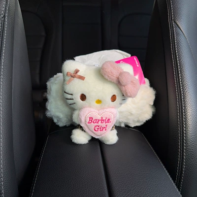 Cartoon Kitten Car Interior Decoration Car Tissue Box New Style Car Rear Seat Headrest Hanging Type with a High-End Feel (Car tissue box/set) - pink-heart-coffee-skirt-velvet-cat-arrest-white-velvet-bag