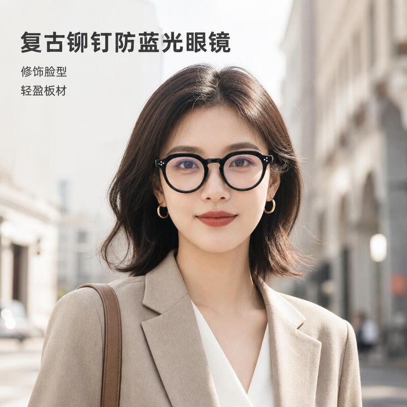 Retro rivet round-frame anti-blue light glasses, thick frame acetate protective flat glasses, versatile for shopping, can be paired with prescription lenses Retro rivet round-frame anti-blue light glasses, thick frame acetate protective flat glasses, versatile for shopping, can be paired with prescription lenses