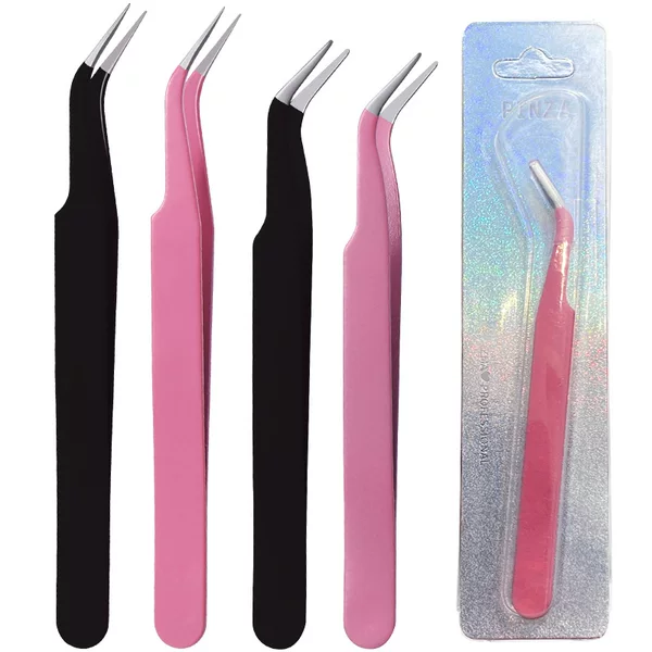 False Eyelash Tweezers Stainless Steel Gold Feather Clip Thick Pink Eyelash Elbow Tweezers Cardboard Packaging