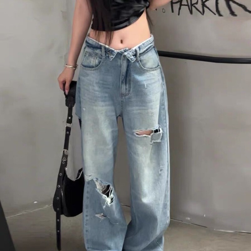New Versatile Ripped Jeans for Women, Thin Casual Straight-Leg Pants, Loose Fit, New Wide-Leg Pants