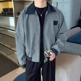 美式黑白千鸟格纹短外套男秋季新款上衣运动休闲夹克男女情侣外套