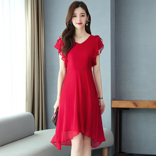 2023紅色連衣裙夏新款女赫本風不規則顯瘦高貴雪紡有女人味的裙子