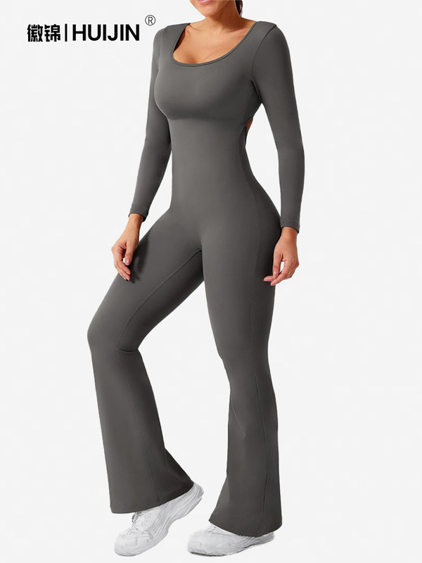 ヨーロッパとアメリカの新しいワンピースヨガウェア、スリムフィット、ヒップアップ、フレアパンツ、フィットネス、カジュアル、中空、美しいバック、スクエアカラー|undefined
