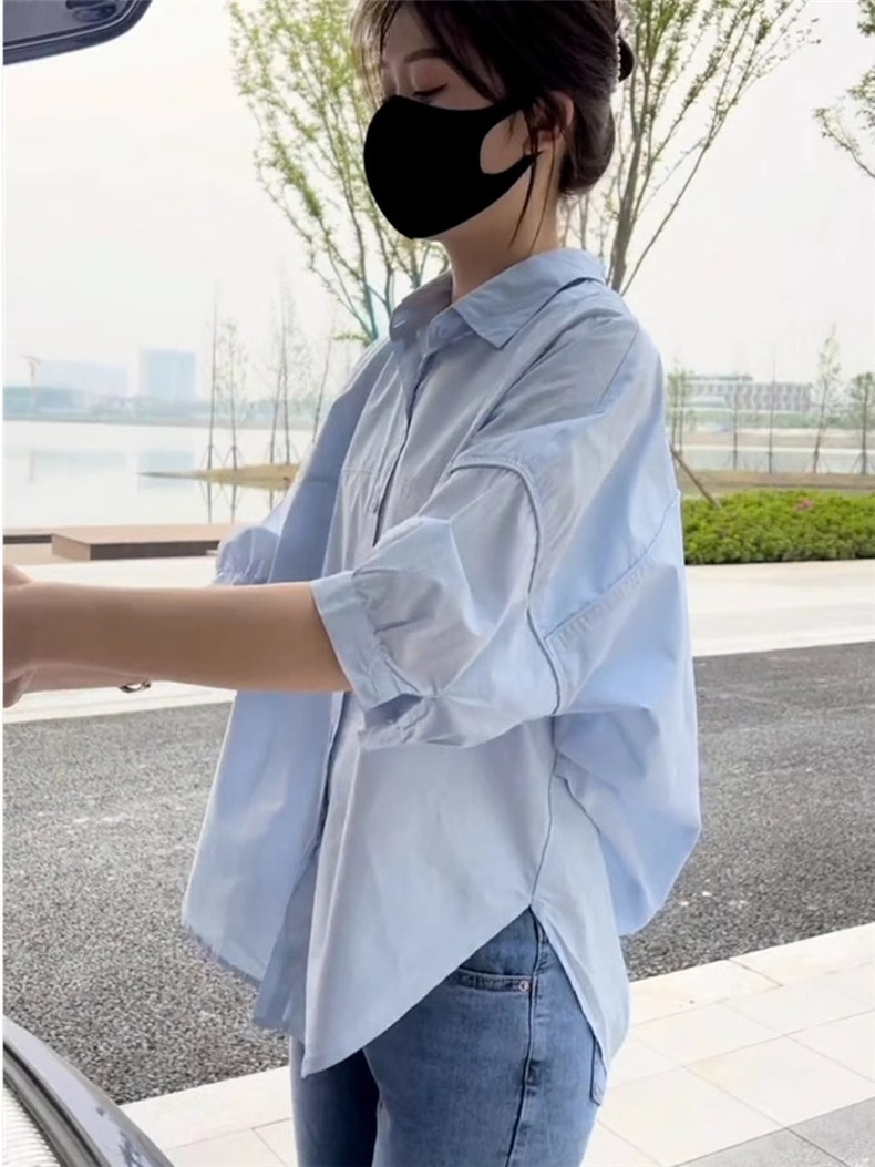 Áo sơ mi nữ cotton mùa hè tay lỡ phong cách Hàn Quốc — Màu xanh lam nhạt chi tiết 4