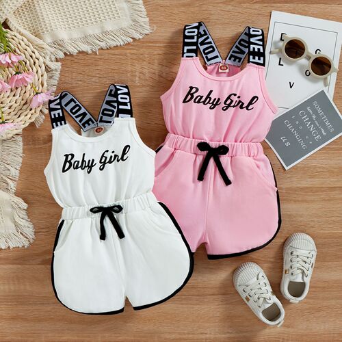 Cross-border children's clothing Amazon Instagram girl's letter print pull-on romper with spaghetti straps and bow tie romper dress