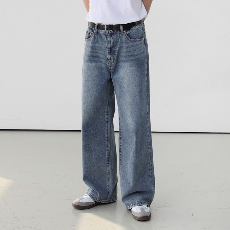 Myq Retro Washed Jeans Men's Summer Casual Loose Long Pants Korean Style Trendyy Wide Leg Straight Pants