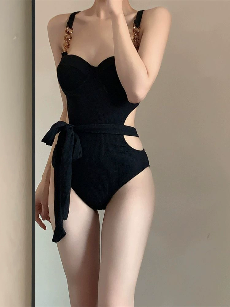 One-piece Swimsuit Women, Push-up Backless Design, Chain-Strap & Tie Waist, S–XL