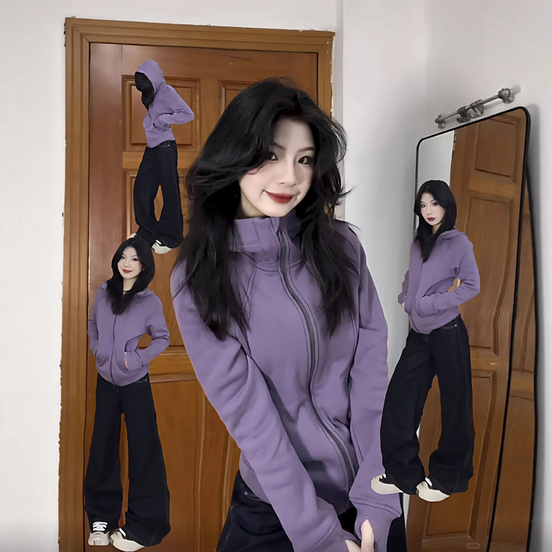 Purple Sweatshirt Jacket for Women, Very Stylish for Early Autumn Wear, 2025 Autumn Women's Regular Shoulder Top, Slim Fit, Unique and Beautiful