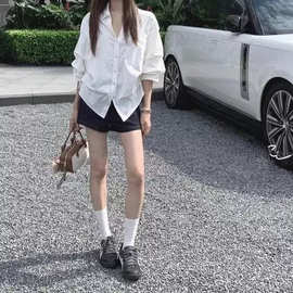 韩版感白色长袖收腰衬衫女秋季小众复古上衣其他高弹图片色