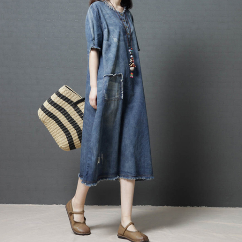 Summer retro design long denim dress