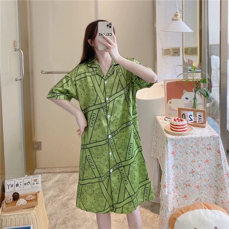 Летняя ночная рубашка из ледяного шелка в Юго-Восточной Азии, женская новая свободная рубашка-кардиган из искусственного шелка средней длины больших размеров