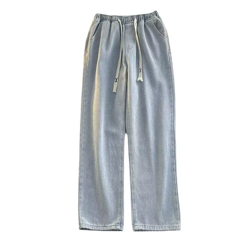 Осенние джинсы, трендовые синие брюки, эластичная талия, oversize, свободный прямой крой