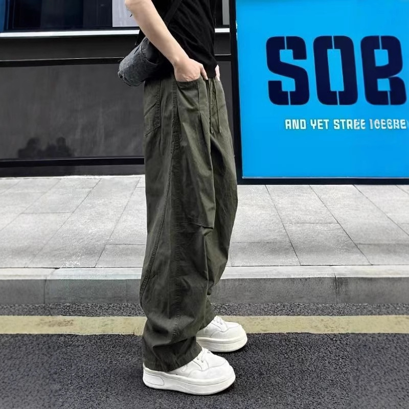 Autumn American Retro Spliced Young Diagonal Stretch Thickened High-Quality Men's Loose Straight Wide-Leg Paratrooper Cargo Pants
