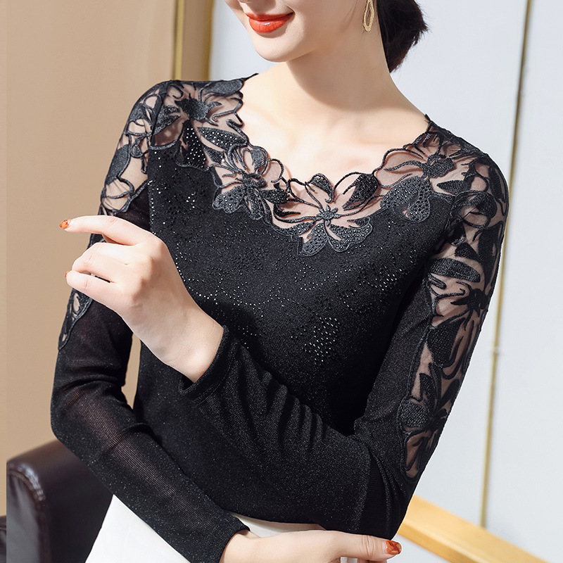 Lace Bottoming Shirt for Women, Long-Sleeved Spring and Autumn Wear, 2026 New Style Mesh Top, Large Size Round Neck, Korean Style Slim Fit T-Shirt