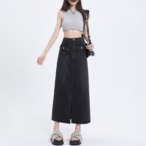 Pure Desire Wind-Opening Frayed Denim Half-Body Skirt for Women - Spring and Summer High-Waist A-Line Booty Skirt with Unique Design Sensibility