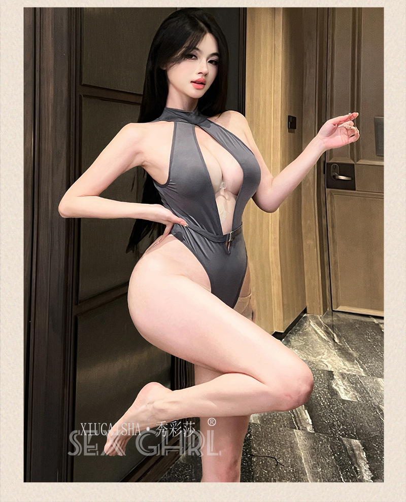 Halter Neck Open-Crotch Bodysuit with Backless Hollow-Out Design, Black One Size — detail image 8