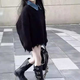 韩国童装女童牛仔假领子短款毛衣2024秋季新款儿童洋气针织衫潮