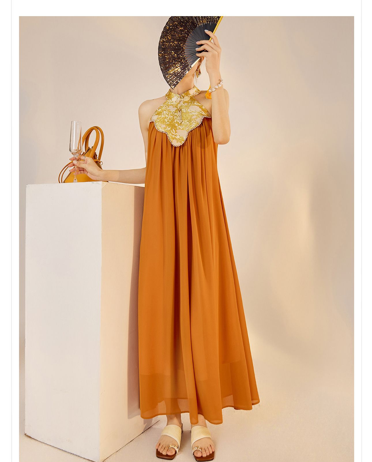 Váy dài cổ qipao thiết kế sang trọng mùa xuân hè — Màu cam, Màu mơ chi tiết 8