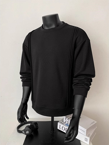 Black American Heavyweight Sweatshirt for Men Spring Retro Crew Neck Design-Oriented Niche Hoodie Streetwear Base Coat