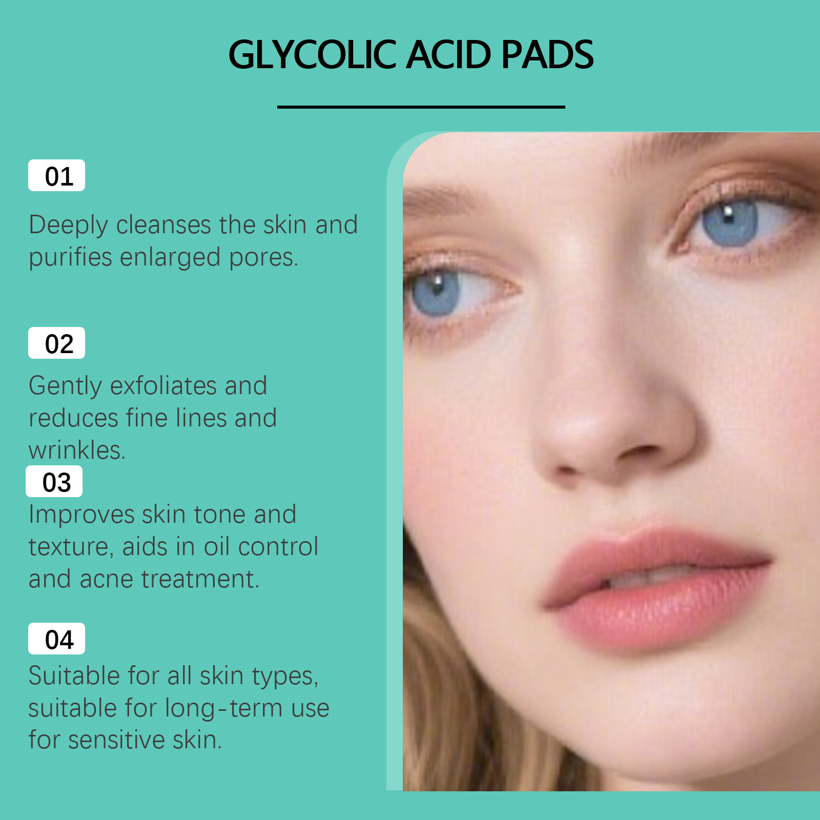 VIARELINE Glycolic Quatine Limpieza suave para la piel facial, limpieza de los poros, refrescante y brillante, almohadilla humectante