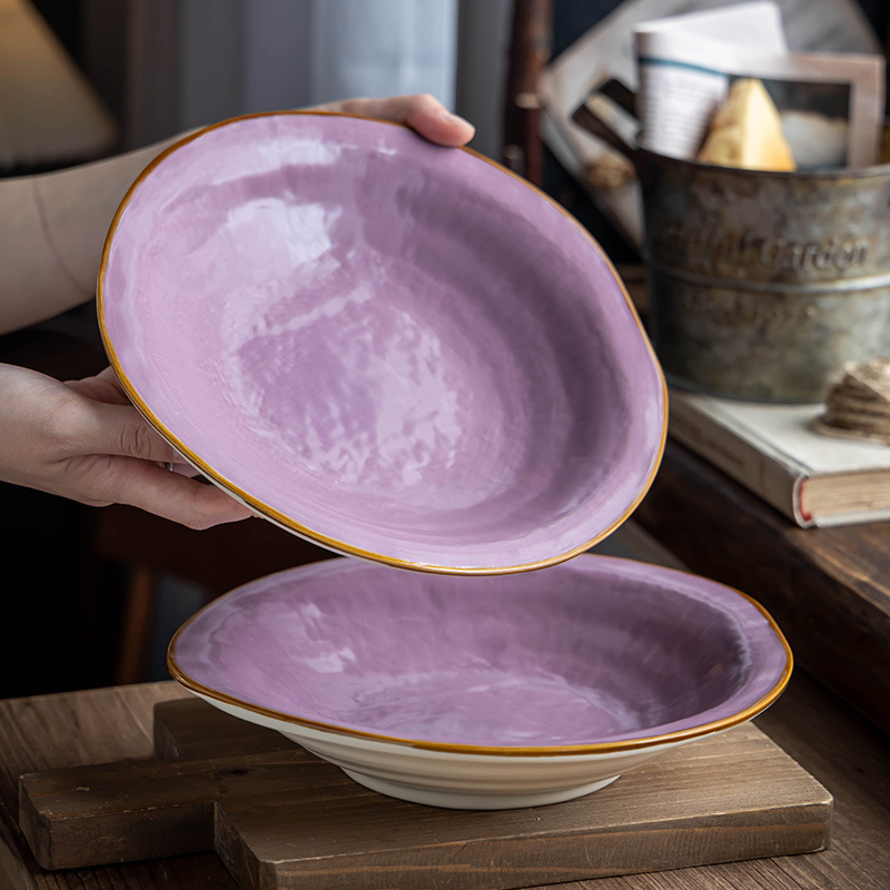 Plato grande de cerámica irregular, plato para carne al estilo occidental, plato para pasta, plato morado texturizado de estilo nórdico, vajilla para el hogar