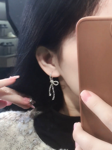 Full Diamond Bow Ribbon Earrings Korean Style High-end Light Luxurious Temperament Earrings Niche Design Versatile Earrings for Women