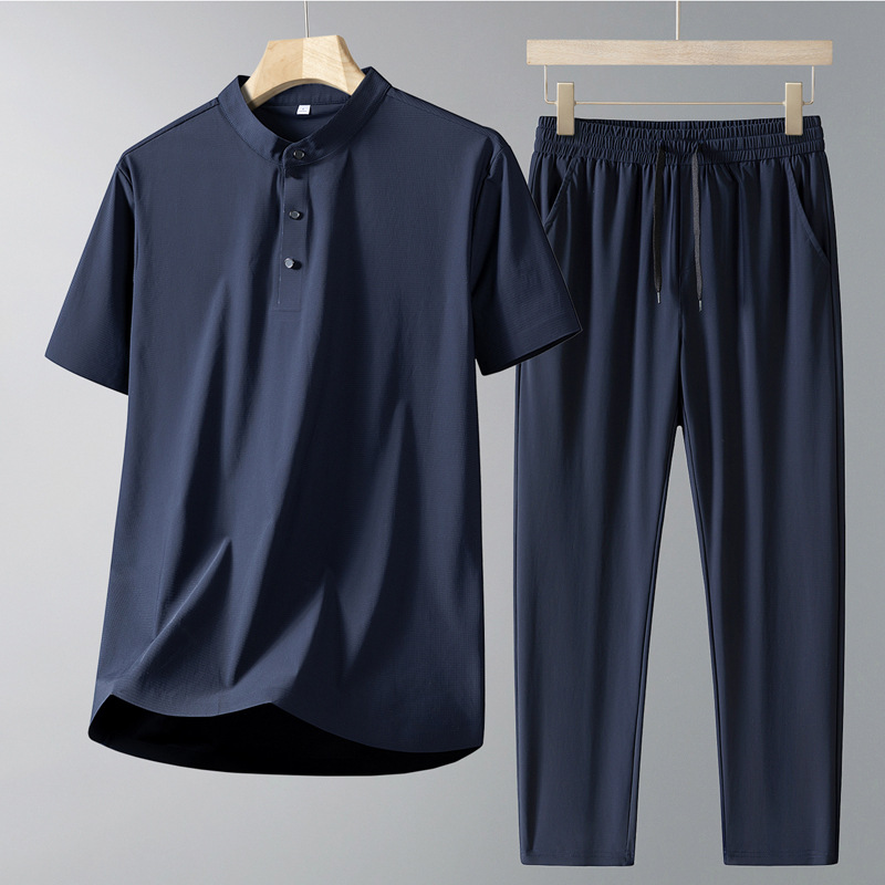 Papá traje casual de verano para hombre con cuello alto, nueva camiseta de manga corta de seda de hielo, pantalones finos de verano de secado rápido, traje de dos piezas para hombre